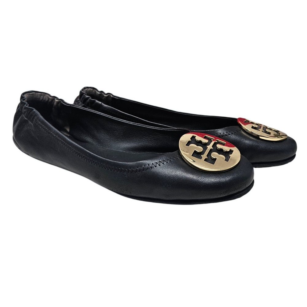 Tory Burch 9.5 Minnie Travel Ballet Flat Logo Black Leather Career Preppy